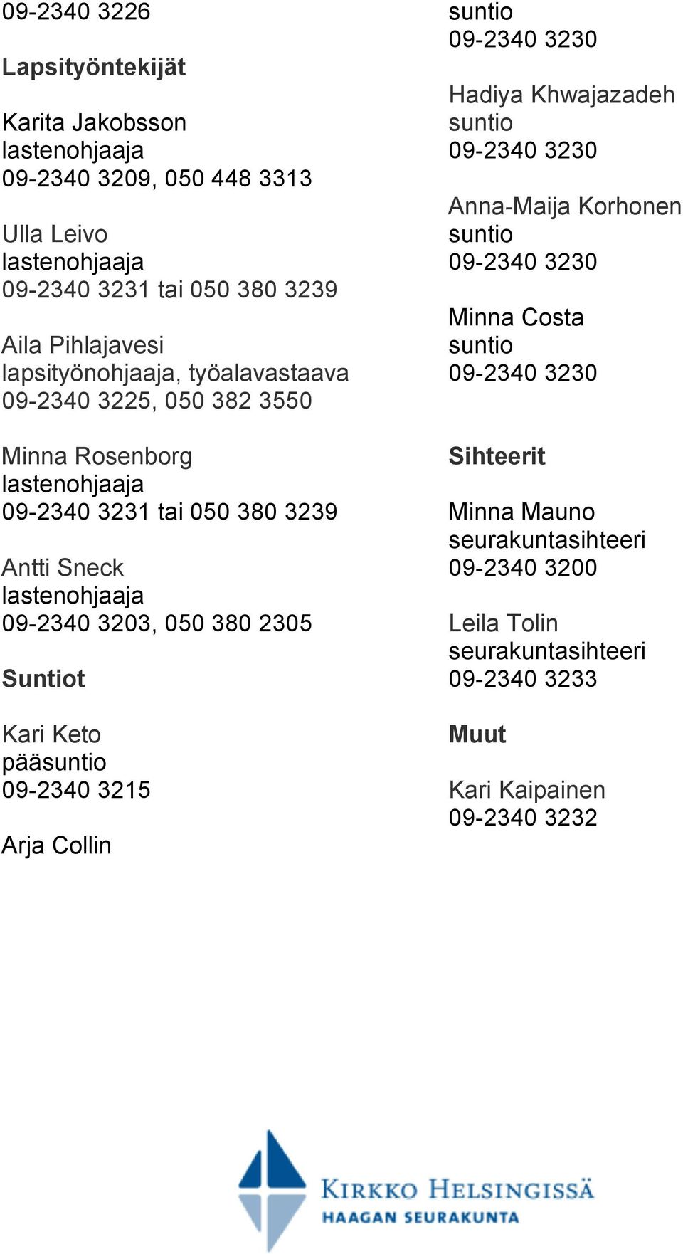 050 380 2305 Suntiot Kari Keto pääsuntio 09-2340 3215 Arja Collin suntio 09-2340 3230 Hadiya Khwajazadeh suntio 09-2340 3230 Anna-Maija Korhonen suntio 09-2340