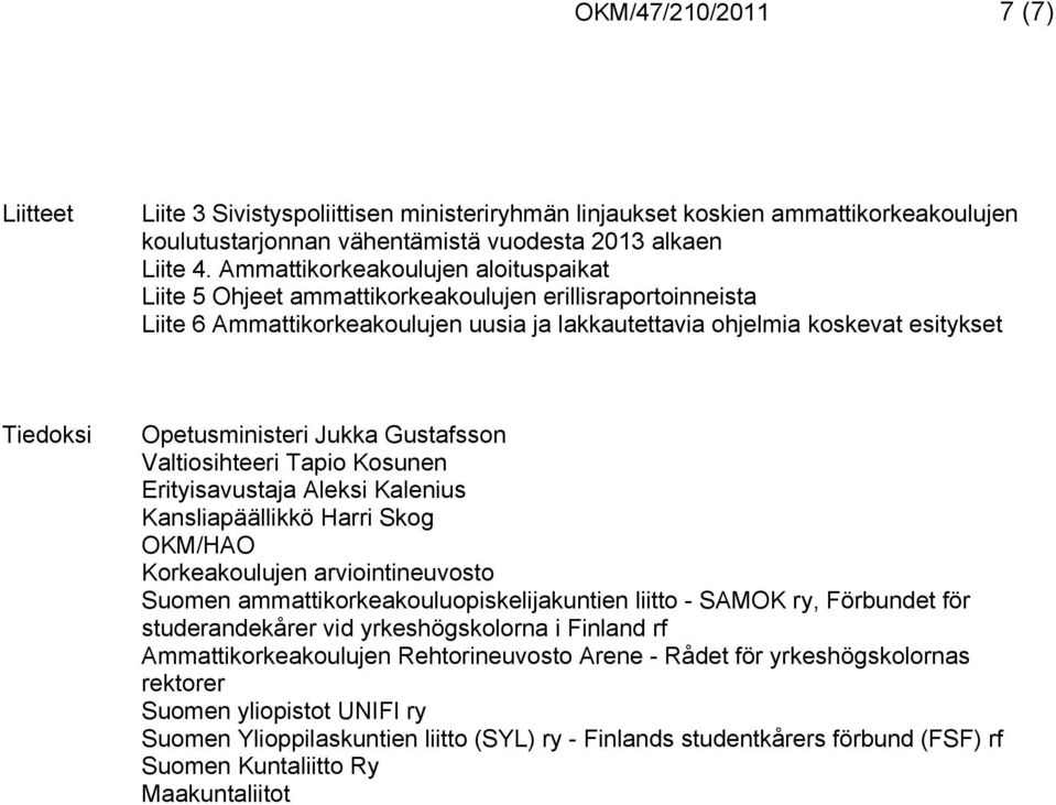 Opetusministeri Jukka Gustafsson Valtiosihteeri Tapio Kosunen Erityisavustaja Aleksi Kalenius Kansliapäällikkö Harri Skog OKM/HAO Korkeakoulujen arviointineuvosto Suomen