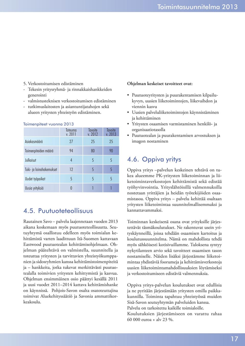 yritysten yhteistyön edistäminen. Toimenpiteet vuonna 2013 Toteuma v. 2011 Tavoite v. 2012 Tavoite v.