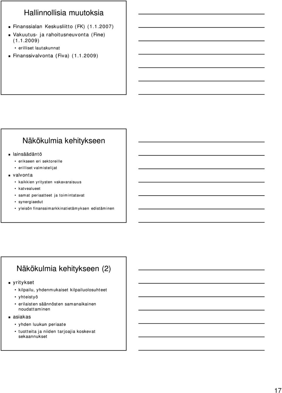 periaatteet ja toimintatavat synergiaedut yleisön finanssimarkkinatietämyksen edistäminen Näkökulmia kehitykseen (2) yritykset kilpailu, yhdenmukaiset