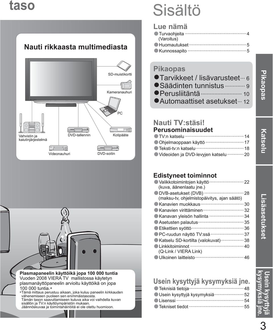 Perusominaisuudet TV:n katselu 14 Ohjelmaoppaan käyttö 17 Teksti-tv:n katselu 18 Videoiden ja DVD-levyjen katselu 20 Edistyneet toiminnot Valikkotoimintojen käyttö 22 (kuva, äänenlaatu jne.