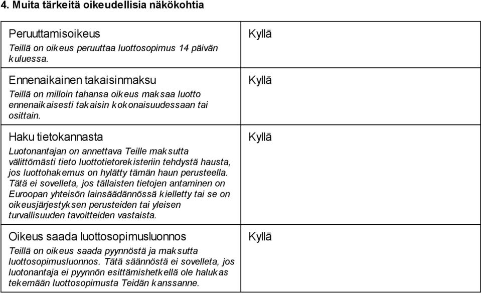 Haku tietokannasta Luotonantajan on annettava Teille mak sutta välittömästi tieto luottotietorek isteriin tehdystä hausta, jos luottohak emus on hylätty tämän haun perusteella.