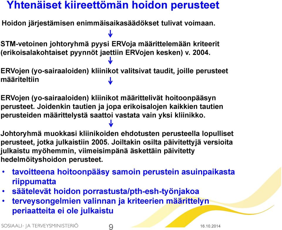 ERVojen (yo-sairaaloiden) kliinikot valitsivat taudit, joille perusteet määriteltiin ERVojen (yo-sairaaloiden) kliinikot määrittelivät hoitoonpääsyn perusteet.