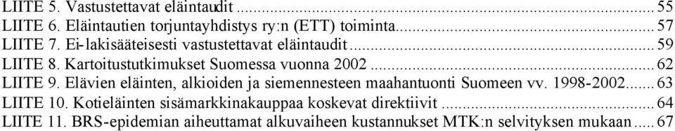Elävien eläinten, alkioiden ja siemennesteen maahantuonti Suomeen vv. 1998-2002...63 LIITE 10.