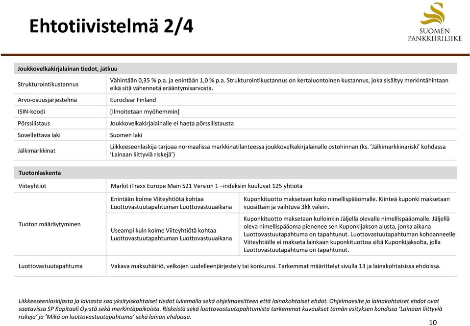 Euroclear Finland [Ilmoitetaan myöhemmin] Joukkovelkakirjalainalle ei haeta pörssilistausta Suomen laki Liikkeeseenlaskija tarjoaa normaalissa markkinatilanteessa joukkovelkakirjalainalle ostohinnan