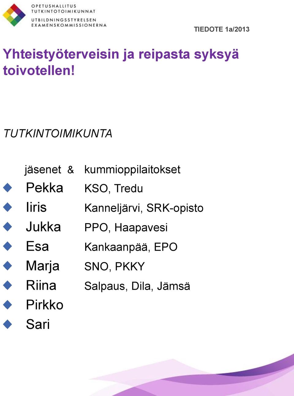 Jukka Esa Marja Riina Pirkko Sari KSO, Tredu Kanneljärvi,