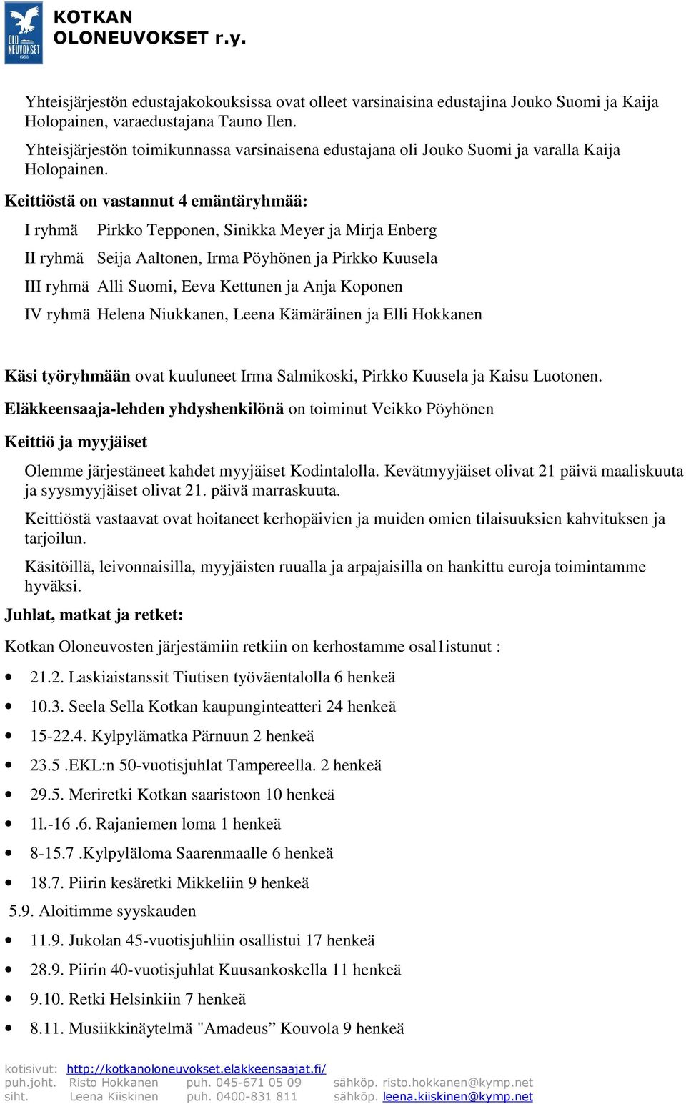 Keittiöstä on vastannut 4 emäntäryhmää: I ryhmä Pirkko Tepponen, Sinikka Meyer ja Mirja Enberg II ryhmä Seija Aaltonen, Irma Pöyhönen ja Pirkko Kuusela III ryhmä Alli Suomi, Eeva Kettunen ja Anja