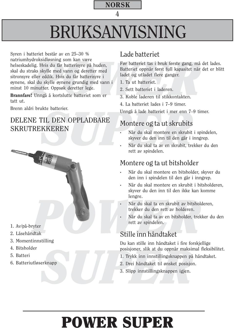 Oppsøk deretter lege. Brannfare! Unngå å kortslutte batteriet som er tatt ut. Brenn aldri brukte batterier. DELENE TIL DEN OPPLADBARE SKRUTREKKEREN 1. Av/på-bryter 2. Låsehåndtak 3.