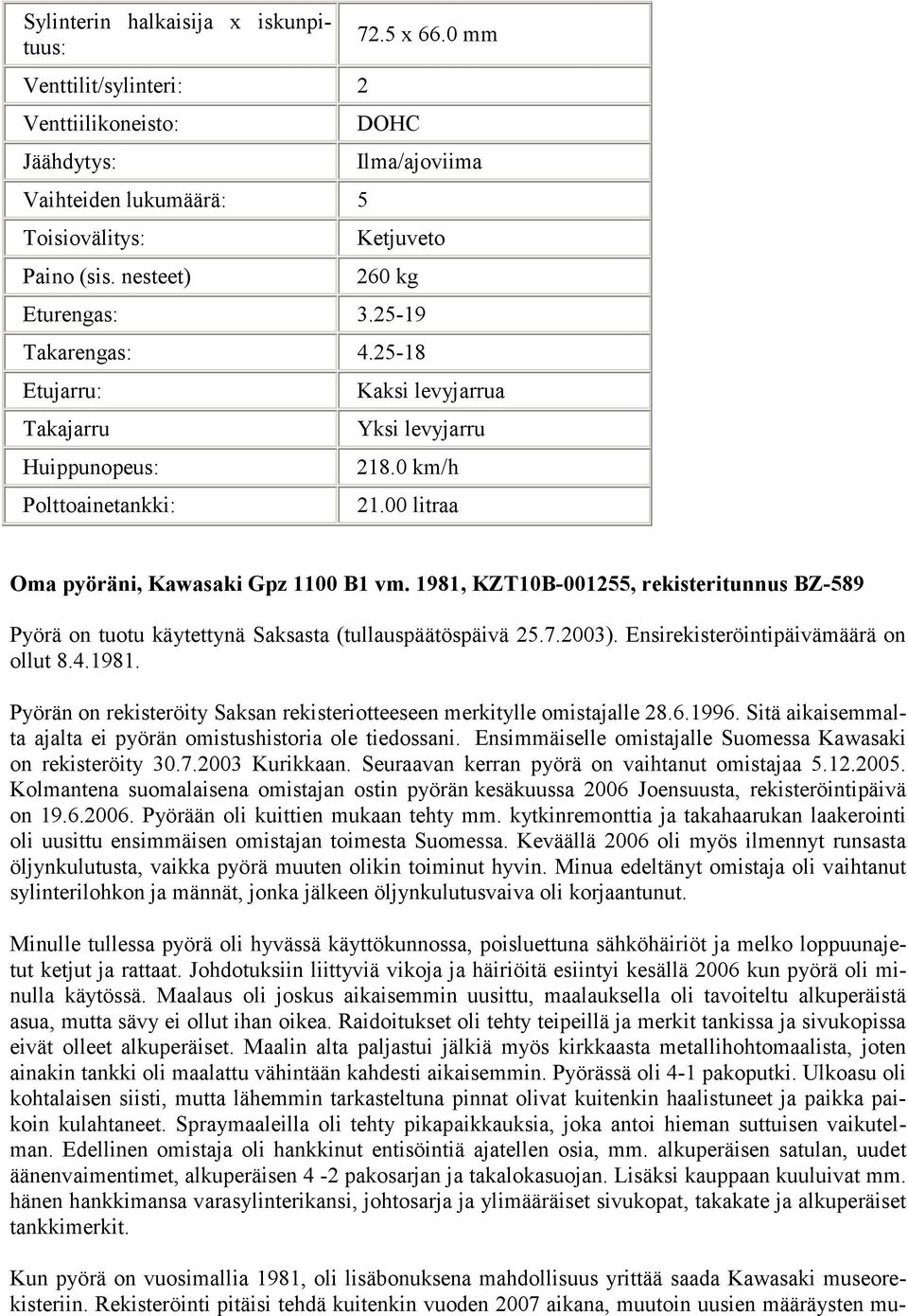 00 litraa Oma pyöräni, Kawasaki Gpz 1100 B1 vm. 1981, KZT10B-001255, rekisteritunnus BZ-589 Pyörä on tuotu käytettynä Saksasta (tullauspäätöspäivä 25.7.2003). Ensirekisteröintipäivämäärä on ollut 8.4.