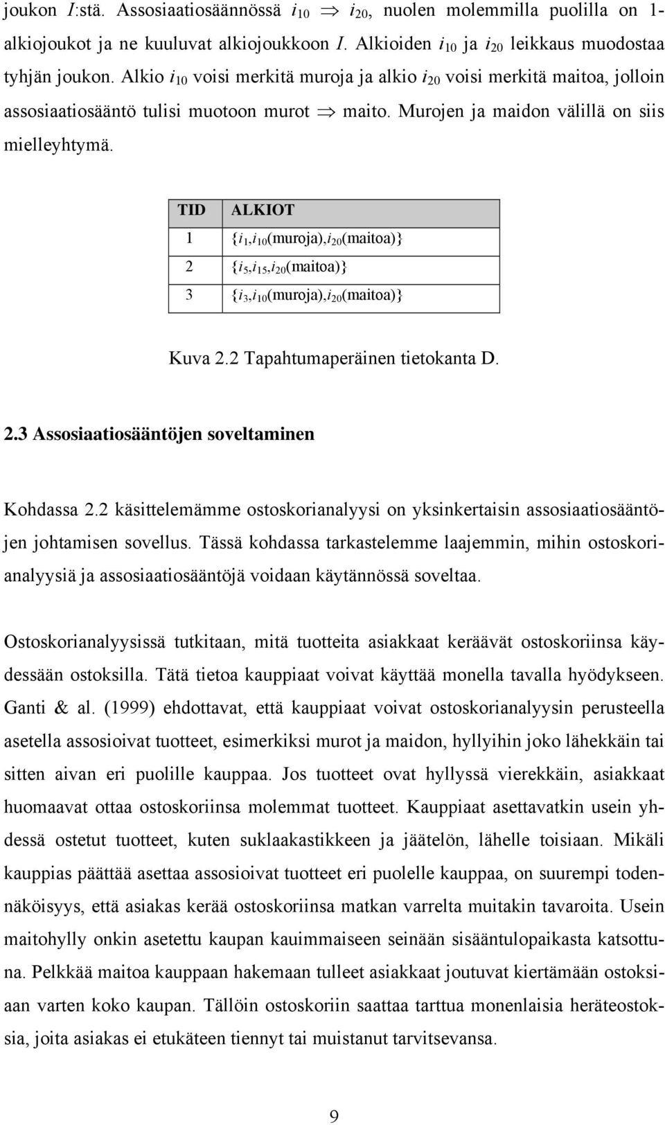 TID ALKIOT 1 {i 1,i 10 (muroja),i 20 (maitoa)} 2 {i 5,i 15,i 20 (maitoa)} 3 {i 3,i 10 (muroja),i 20 (maitoa)} Kuva 2.2 Tapahtumaperäinen tietokanta D. 2.3 Assosiaatiosääntöjen soveltaminen Kohdassa 2.