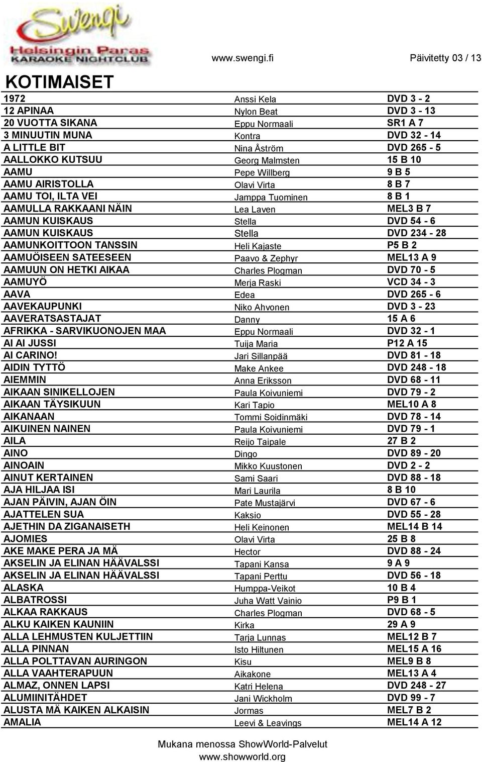 KUISKAUS Stella DVD 234-28 AAMUNKOITTOON TANSSIN Heli Kajaste P5 B 2 AAMUÖISEEN SATEESEEN Paavo & Zephyr MEL13 A 9 AAMUUN ON HETKI AIKAA Charles Plogman DVD 70-5 AAMUYÖ Merja Raski VCD 34-3 AAVA Edea