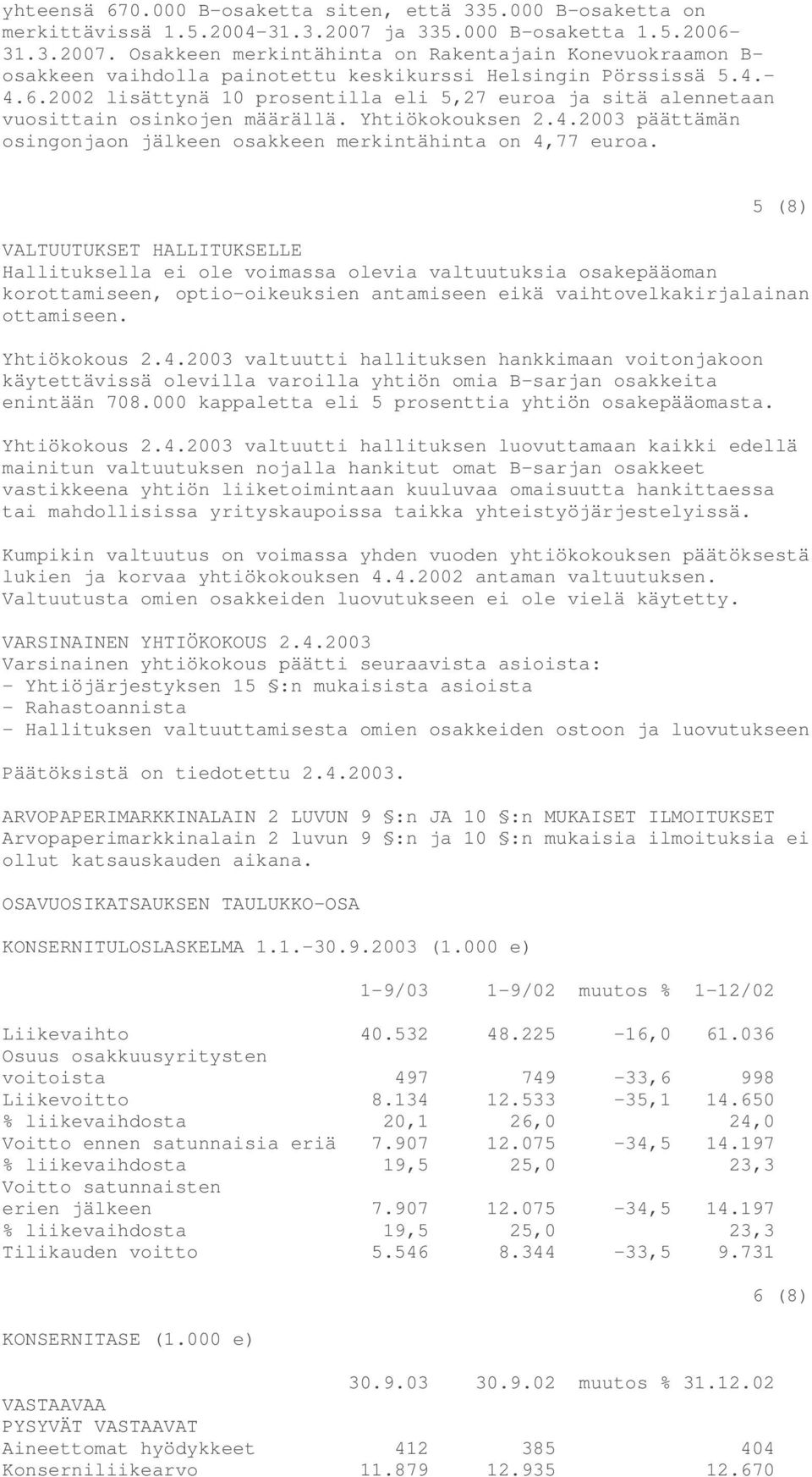 Yhtiökokouksen 2.4.2003 päättämän osingonjaon jälkeen osakkeen merkintähinta on 4,77 euroa.