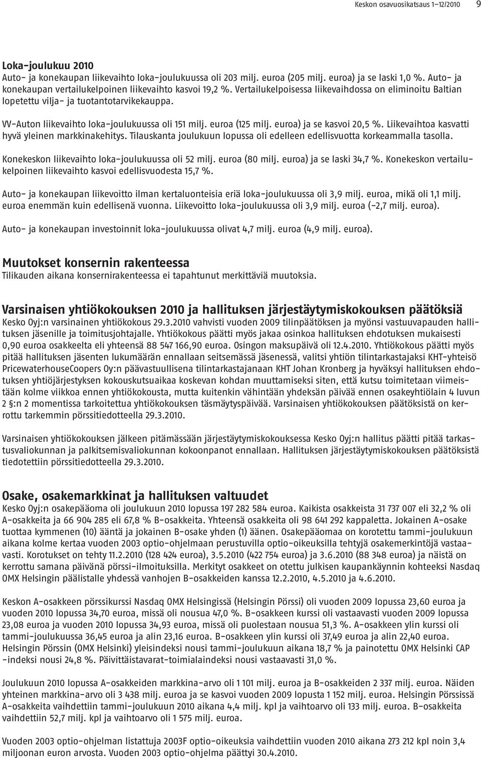 VV-Auton liikevaihto loka-joulukuussa oli 151 milj. euroa (125 milj. euroa) ja se kasvoi 20,5 %. Liikevaihtoa kasvatti hyvä yleinen markkinakehitys.