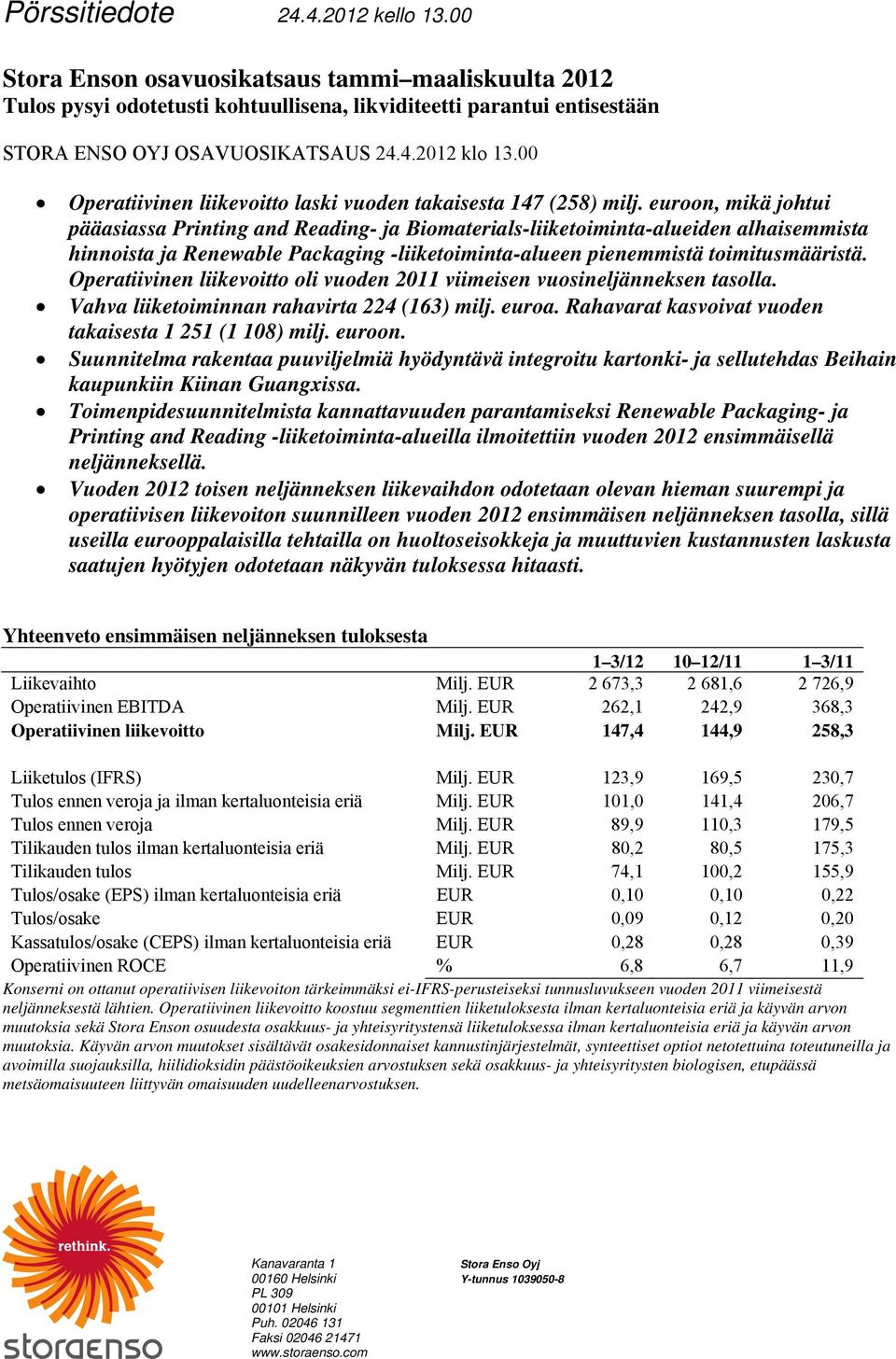 euroon, mikä johtui pääasiassa Printing and Reading- ja Biomaterials-liiketoiminta-alueiden alhaisemmista hinnoista ja Renewable Packaging -liiketoiminta-alueen pienemmistä toimitusmääristä.