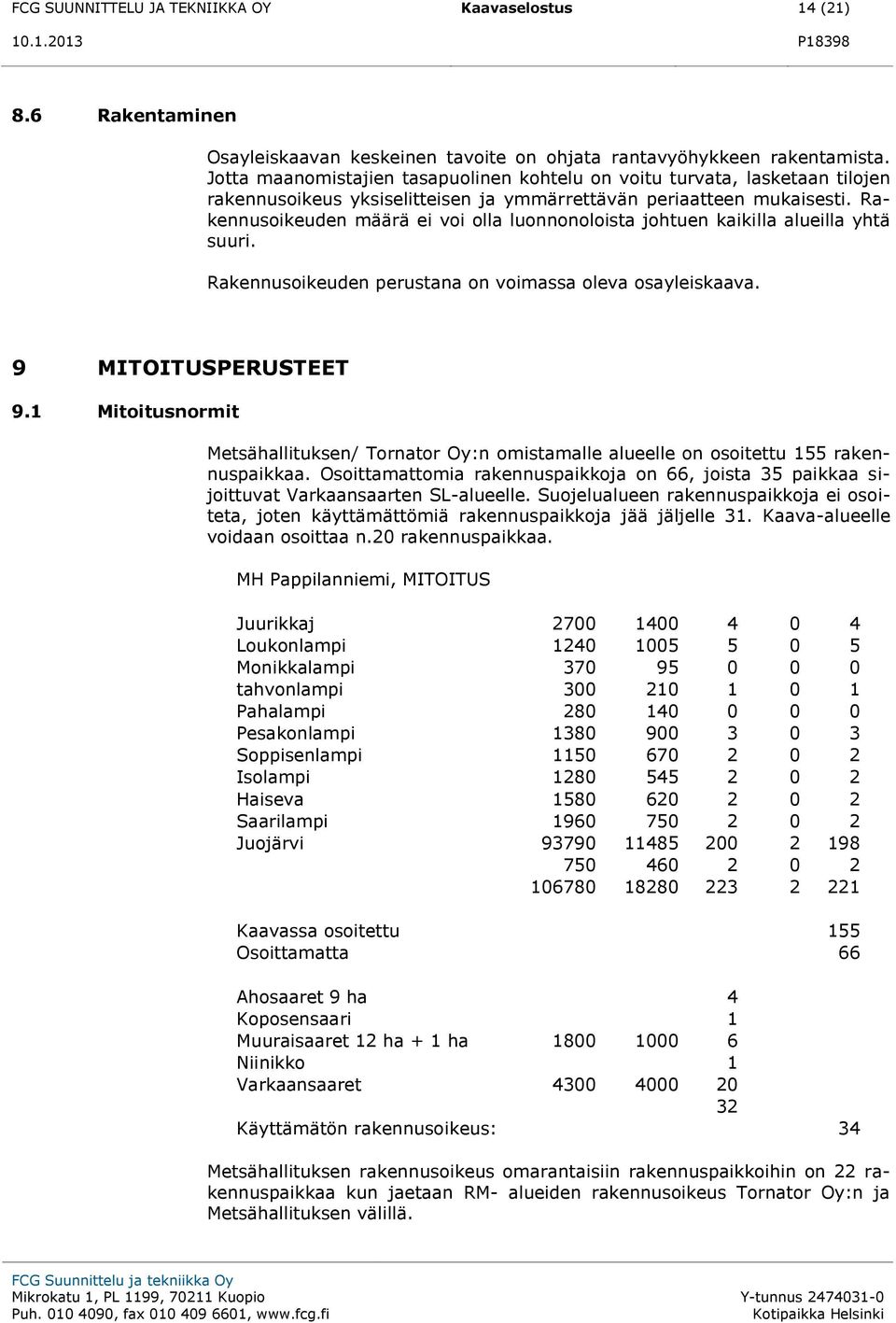 Rakennusoikeuden määrä ei voi olla luonnonoloista johtuen kaikilla alueilla yhtä suuri. Rakennusoikeuden perustana on voimassa oleva osayleiskaava. 9 MITOITUSPERUSTEET 9.