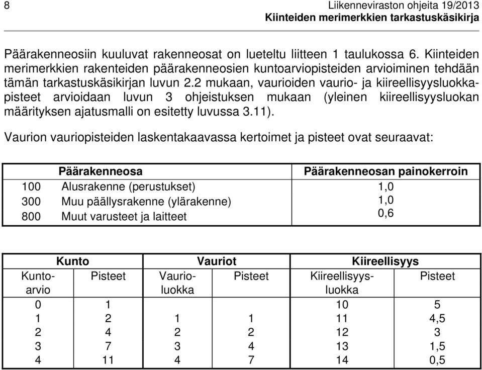 2 mukaan, vaurioiden vaurio- ja kiireellisyysluokkapisteet arvioidaan luvun 3 ohjeistuksen mukaan (yleinen kiireellisyysluokan määrityksen ajatusmalli on esitetty luvussa 3.11).