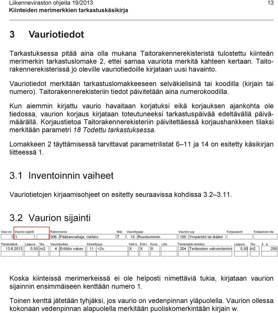 Vauriotiedot merkitään tarkastuslomakkeeseen selväkielisinä tai koodilla (kirjain tai numero). Taitorakennerekisteriin tiedot päivitetään aina numerokoodilla.