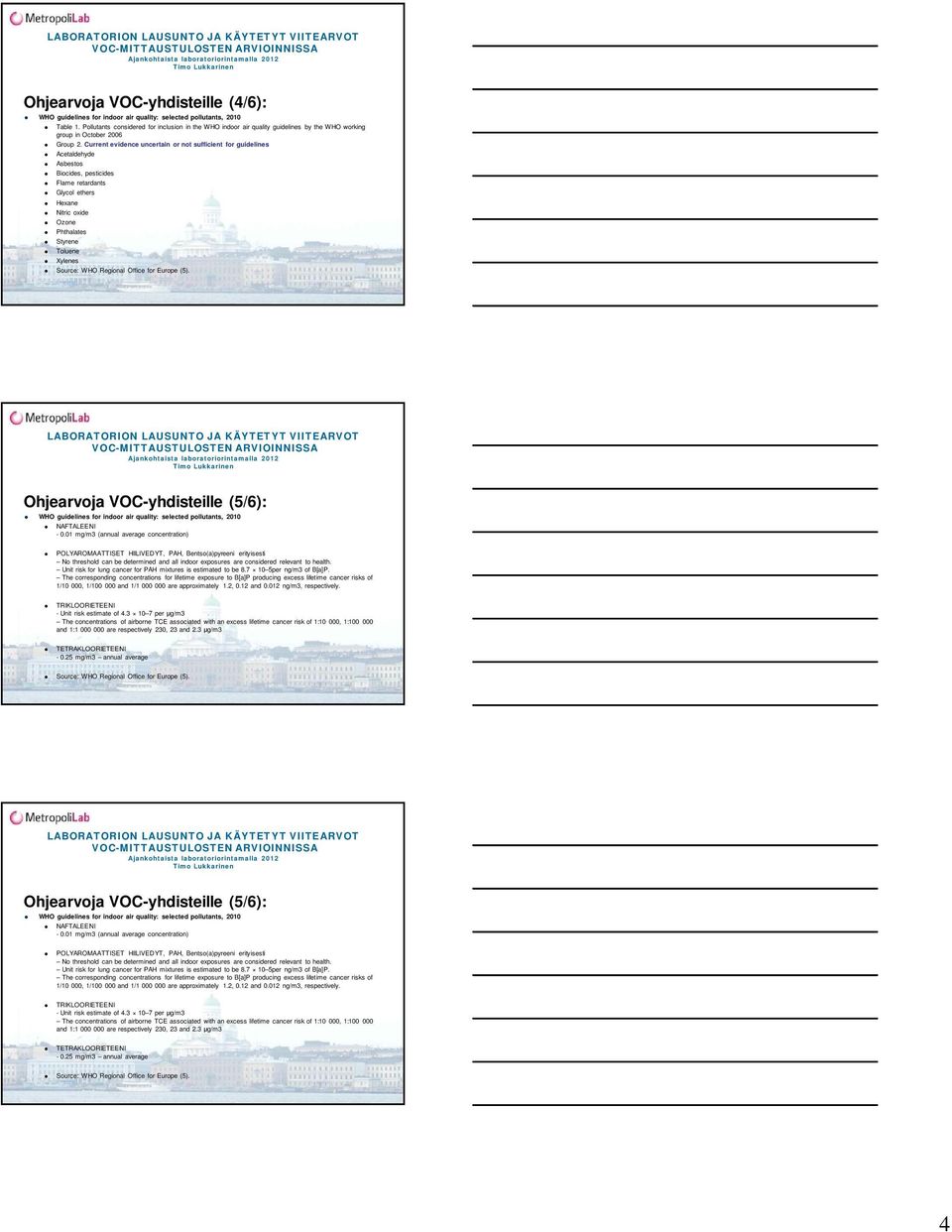 Current evidence uncertain or not sufficient for guidelines Acetaldehyde Asbestos Biocides, pesticides Flame retardants Glycol ethers Hexane Nitric oxide Ozone Phthalates Styrene Toluene Xylenes