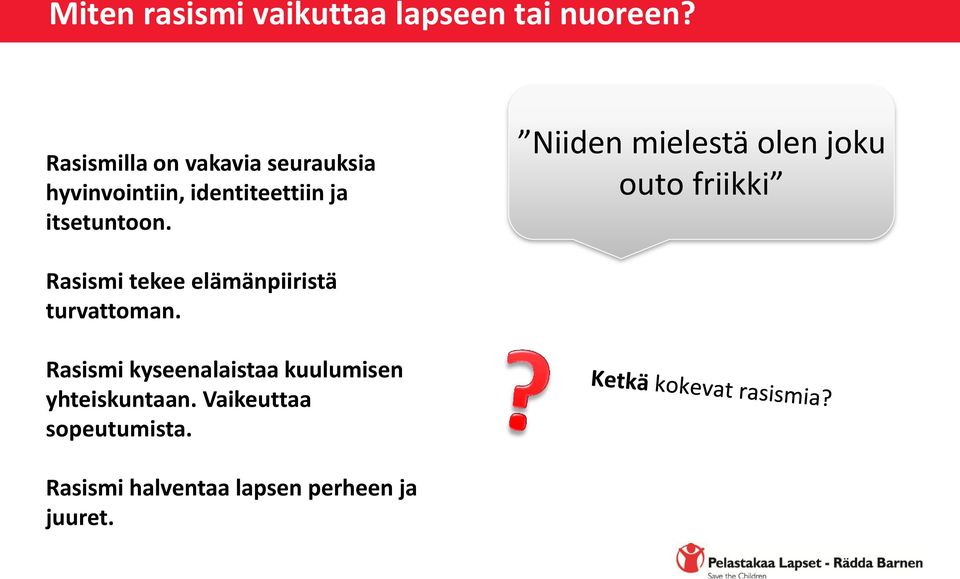 Niiden mielestä olen joku outo friikki Rasismi tekee elämänpiiristä turvattoman.