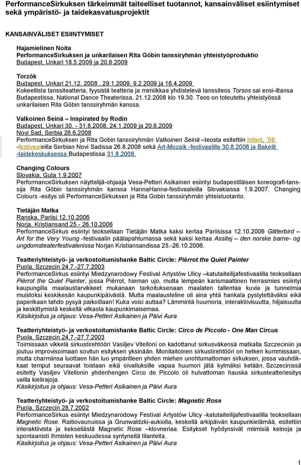 2009 Kokeellista tanssiteatteria, fyysistä teatteria ja mimiikkaa yhdistelevä tanssiteos Torsos sai ensi-iltansa Budapestissa, National Dance Theaterissa, 21.12.2008 klo 19.30.