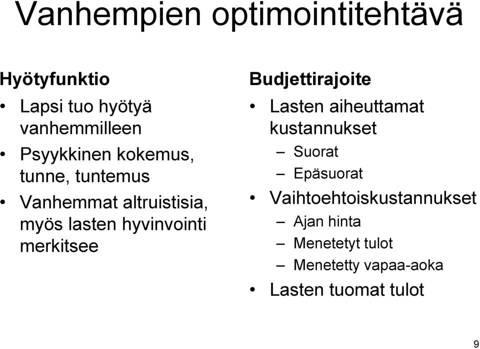 hyvinvointi merkitsee Budjettirajoite Lasten aiheuttamat kustannukset Suorat