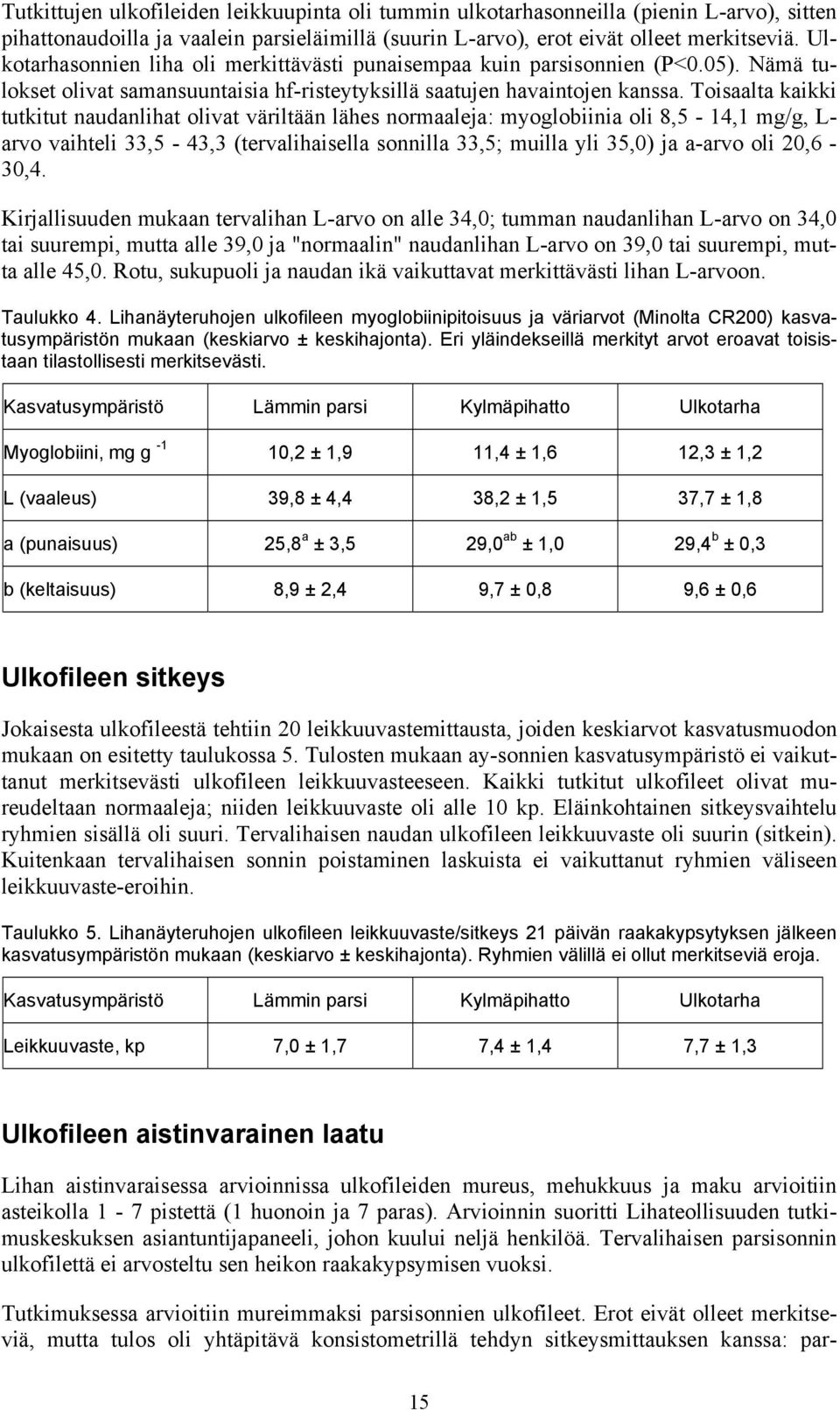 Toisaalta kaikki tutkitut naudanlihat olivat väriltään lähes normaaleja: myoglobiinia oli 8,5-14,1 mg/g, L- arvo vaihteli 33,5-43,3 (tervalihaisella sonnilla 33,5; muilla yli 35,0) ja a-arvo oli