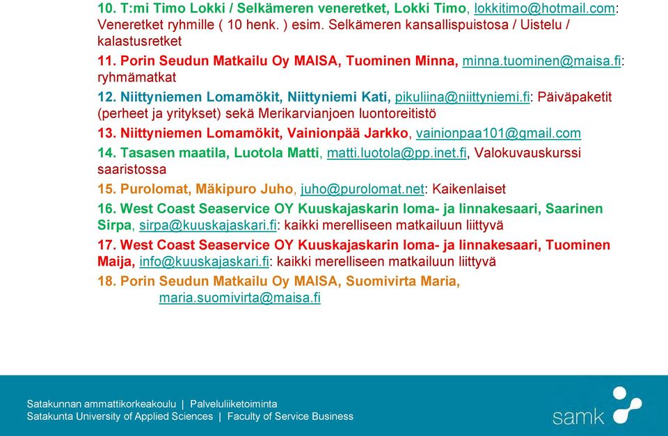 fi: Päiväpaketit (perheet ja yritykset) sekä Merikarvianjoen luontoreitistö 13. Niittyniemen Lomamökit, Vainionpää Jarkko, vainionpaa101@gmail.com 14. Tasasen maatila, Luotola Matti, matti.luotola@pp.