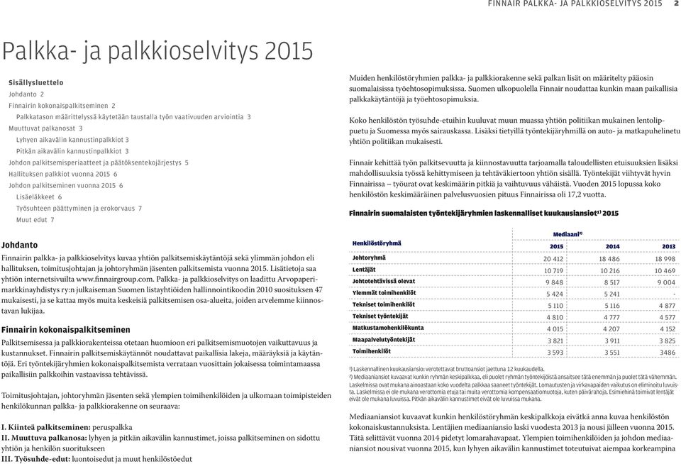 6 Lisäeläkkeet 6 Työsuhteen päättyminen ja erokorvaus 7 Muut edut 7 Johdanto Finnairin palkka- ja palkkioselvitys kuvaa yhtiön palkitsemiskäytäntöjä sekä ylimmän johdon eli hallituksen,