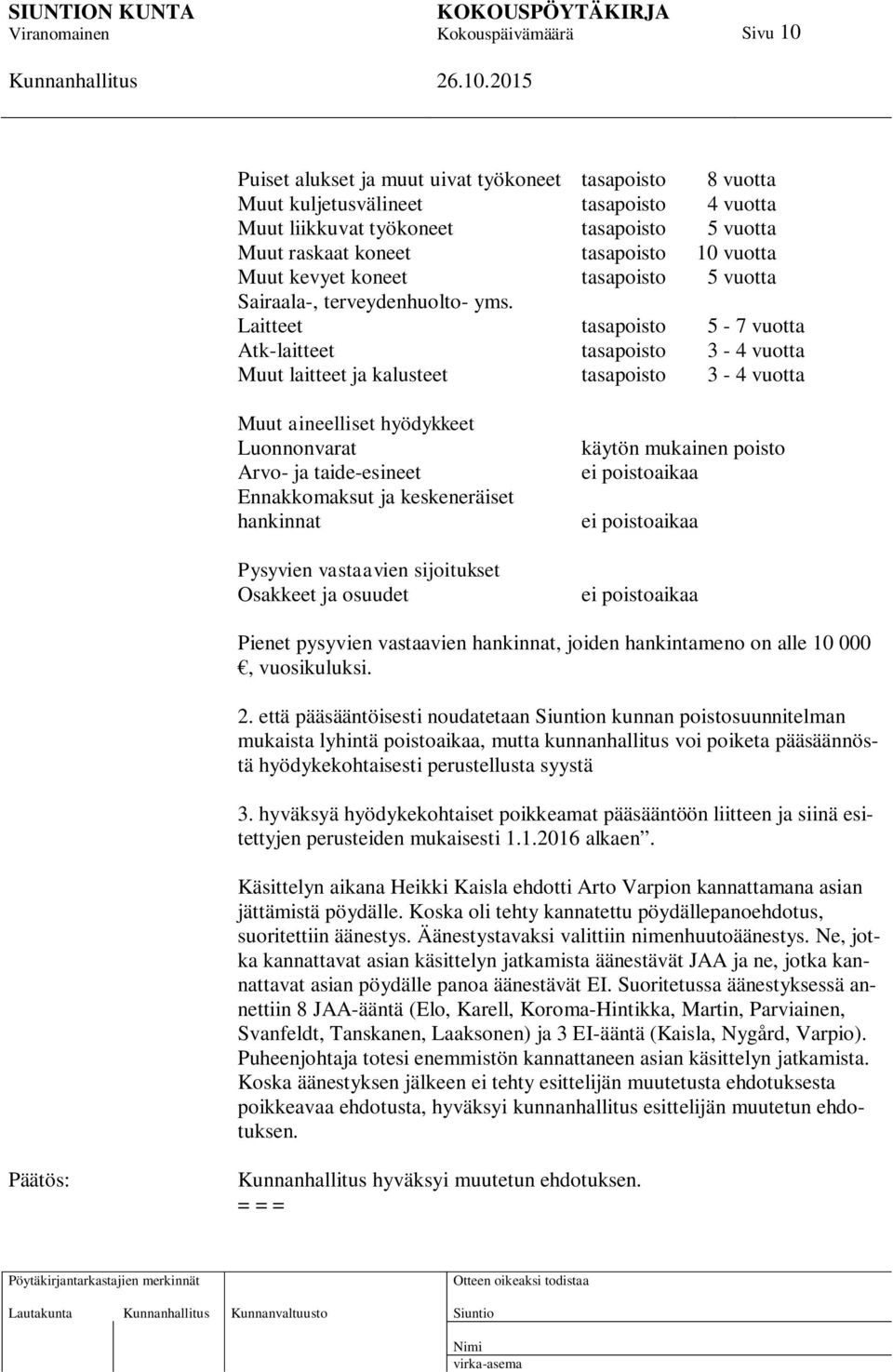 Laitteet tasapoisto 5-7 vuotta Atk-laitteet tasapoisto 3-4 vuotta Muut laitteet ja kalusteet tasapoisto 3-4 vuotta Muut aineelliset hyödykkeet Luonnonvarat Arvo- ja taide-esineet Ennakkomaksut ja