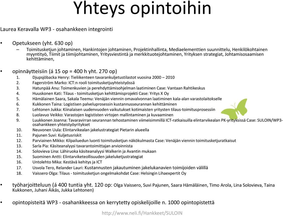 merkkituotejohtaminen, Yrityksen strategiat, Johtamisosaamisen kehittäminen, opinnäytteisiin (á 15 op = 400 h yht. 270 op) 1.