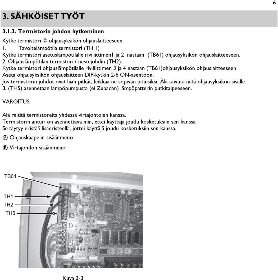 Kytke termistori ohjauslämpötilalle riviliittimen 3 ja 4 nastaan (TB61)ohjausyksikön ohjauslaitteeseen Aseta ohjausyksikön ohjauslaitteen DIP-kytkin 2-6 ON-asentoon.