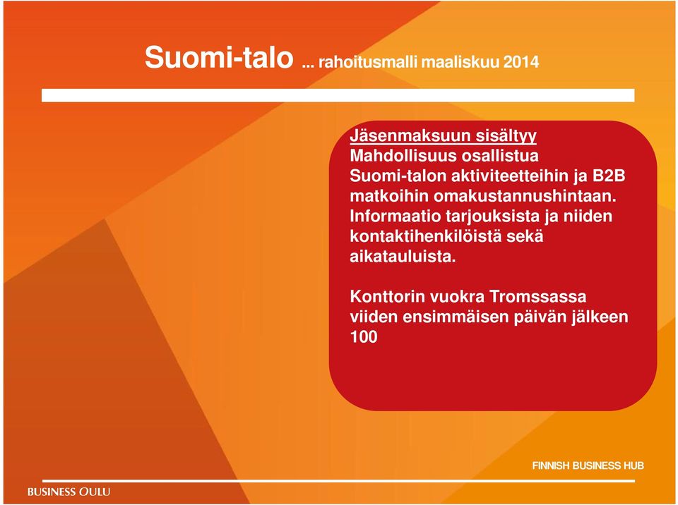 /vuosi >20 000 hlö 5000 /vuosi Jos kunta ei ole mukana niin jäsenmaksu yritykselle <50 hlö 1500 >50 hlö 3000 Jäsenmaksuun sisältyy Mahdollisuus osallistua