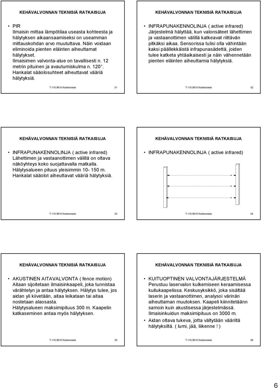 INFRAPUNAKENNOLINJA ( active infrared) Järjestelmä hälyttää, kun valonsäteet lähettimen ja vastaanottimen välillä katkeavat riittävän pitkäksi aikaa.