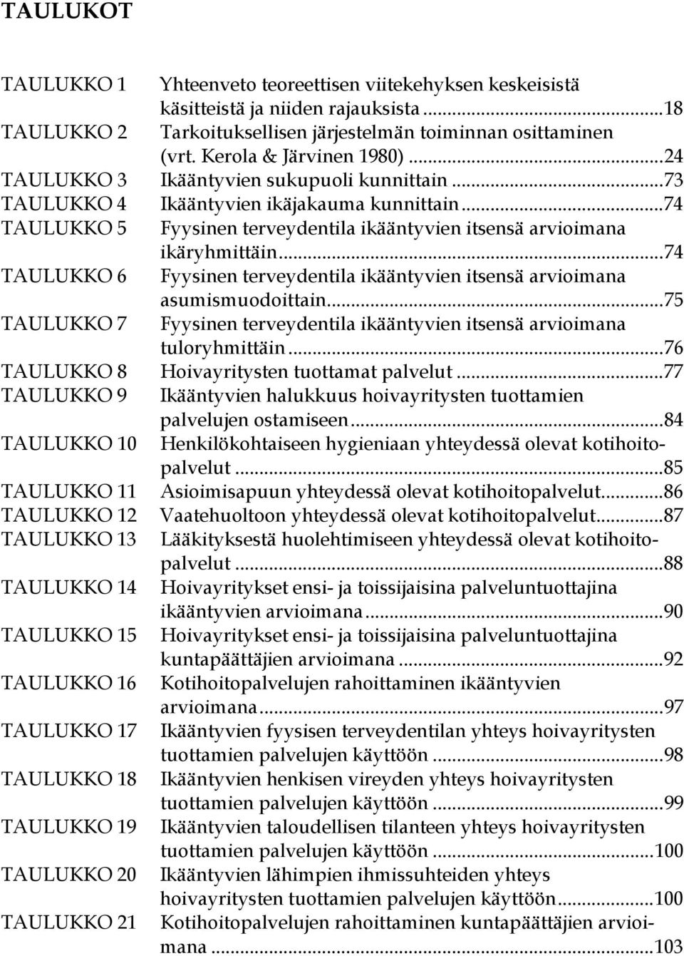 ..74 TAULUKKO 5 Fyysinen terveydentila ikääntyvien itsensä arvioimana ikäryhmittäin...74 TAULUKKO 6 Fyysinen terveydentila ikääntyvien itsensä arvioimana asumismuodoittain.