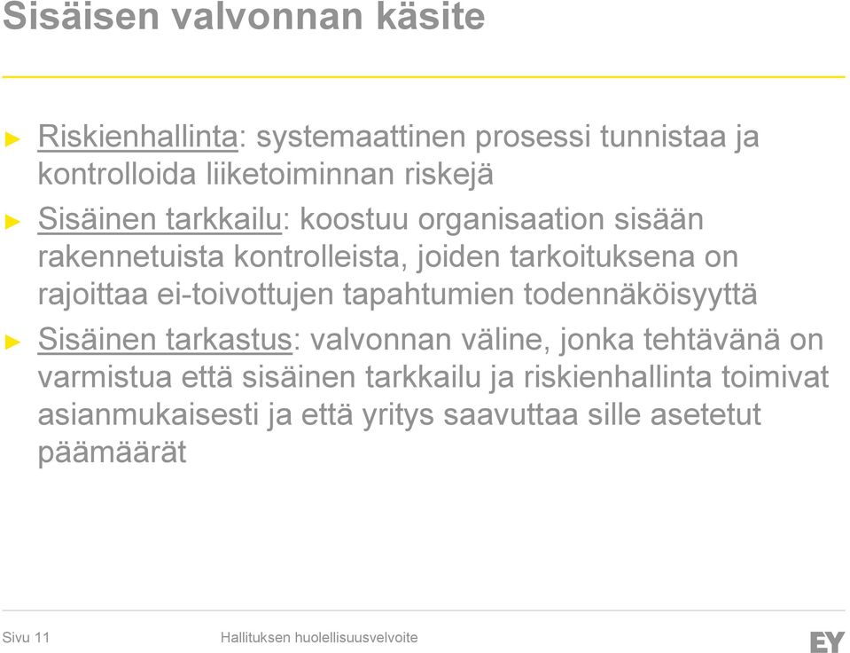 ei-toivottujen tapahtumien todennäköisyyttä Sisäinen tarkastus: valvonnan väline, jonka tehtävänä on varmistua että