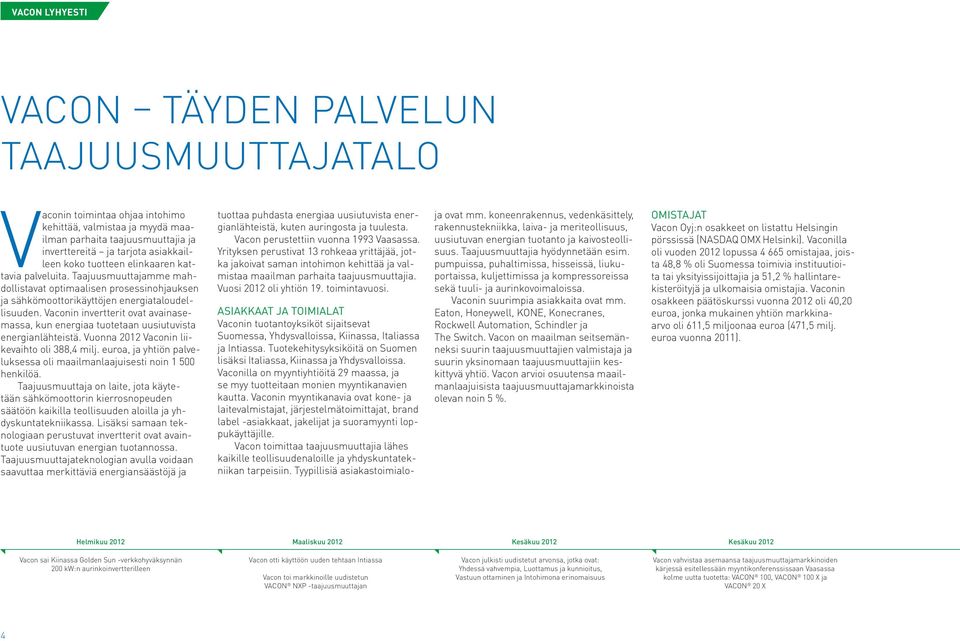 Vaconin invertterit ovat avainasemassa, kun energiaa tuotetaan uusiutuvista energianlähteistä. Vuonna 2012 Vaconin liikevaihto oli 388,4 milj.