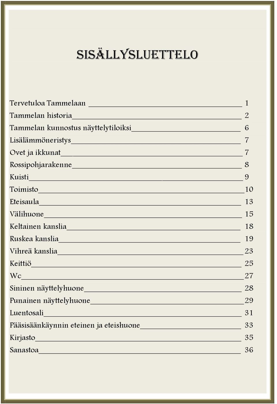 15 Keltainen kanslia 18 Ruskea kanslia 19 Vihreä kanslia 23 Keittiö 25 Wc 27 Sininen näyttelyhuone 28