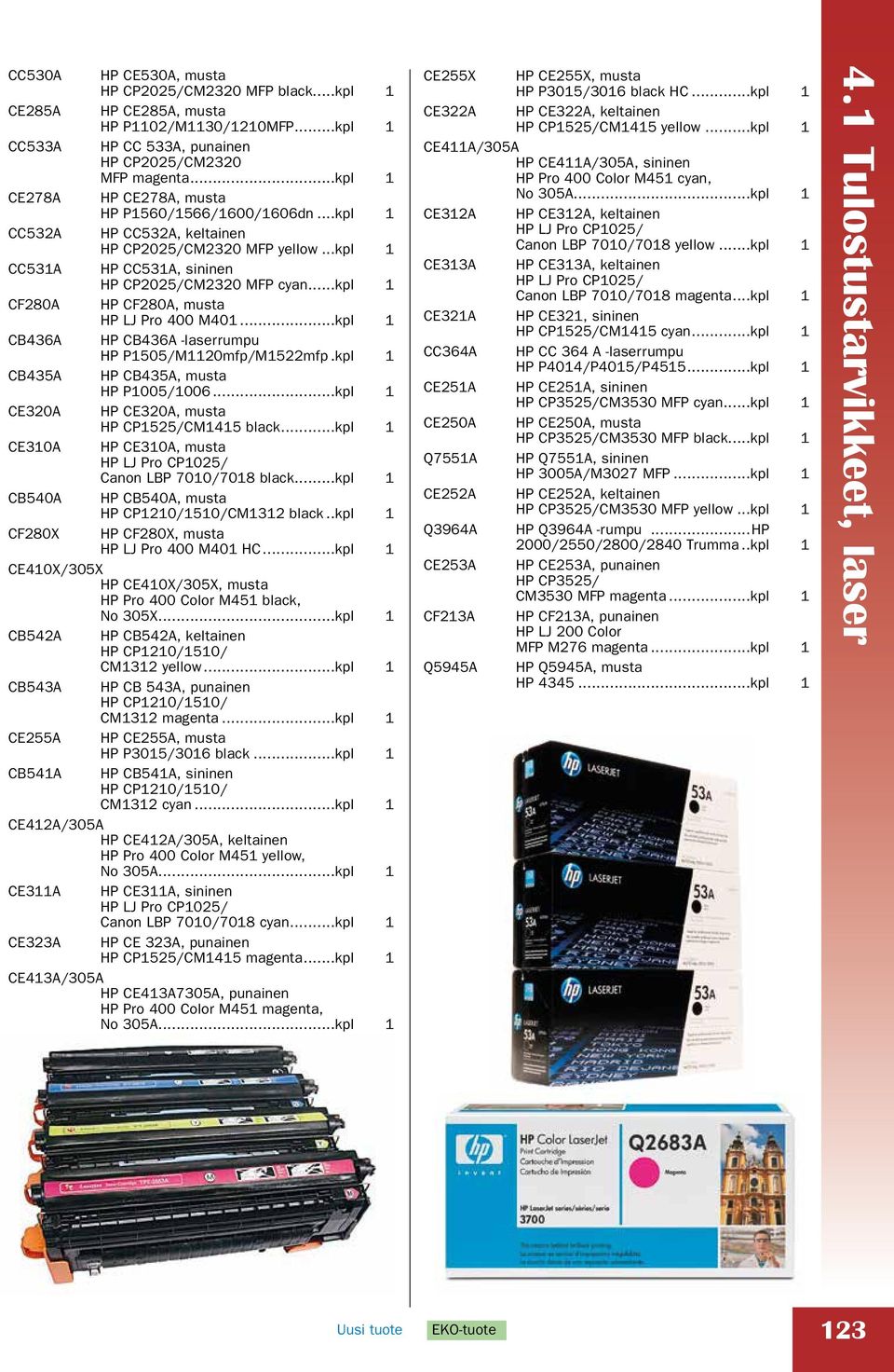 ..kpl 1 CF280A HP CF280A, musta HP LJ Pro 400 M401...kpl 1 CB436A HP CB436A -laserrumpu HP P1505/M1120mfp/M1522mfp..kpl 1 CB435A HP CB435A, musta HP P1005/1006.