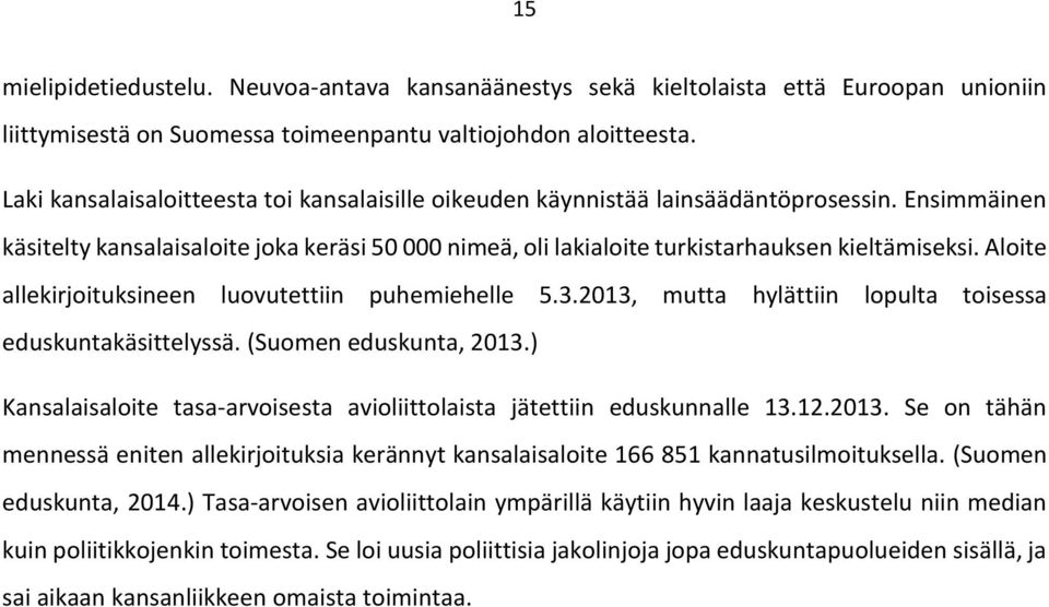 Aloite allekirjoituksineen luovutettiin puhemiehelle 5.3.2013, mutta hylättiin lopulta toisessa eduskuntakäsittelyssä. (Suomen eduskunta, 2013.