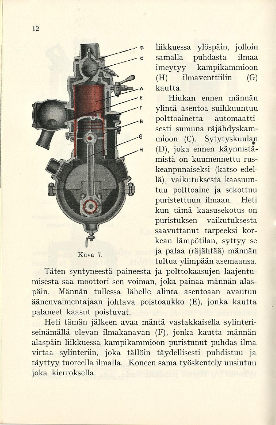 Sytytyskuulaji (D), joka ennen käynnistämistä on kuumennettu ruskeanpunaiseksi (katso edellä), vaikutuksesta kaasuuntuu polttoaine ja sekottuu puristettuun ilmaan.