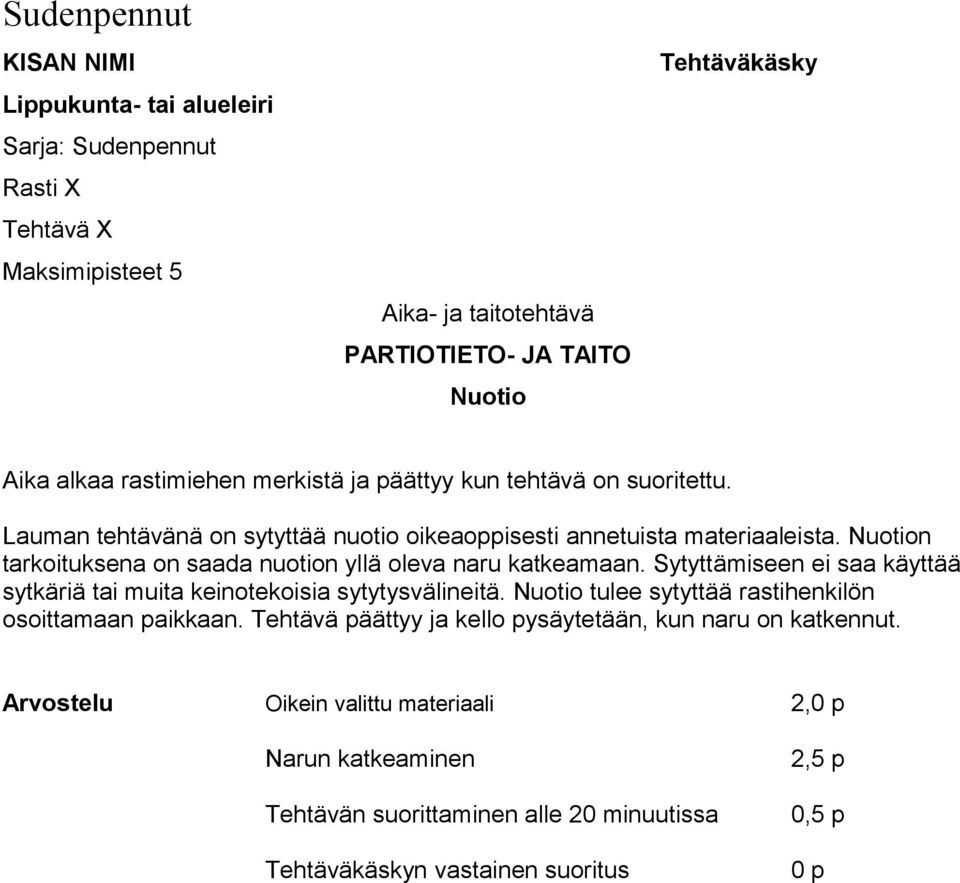 Sytyttämiseen ei saa käyttää sytkäriä tai muita keinotekoisia sytytysvälineitä. Nuotio tulee sytyttää rastihenkilön osoittamaan paikkaan.