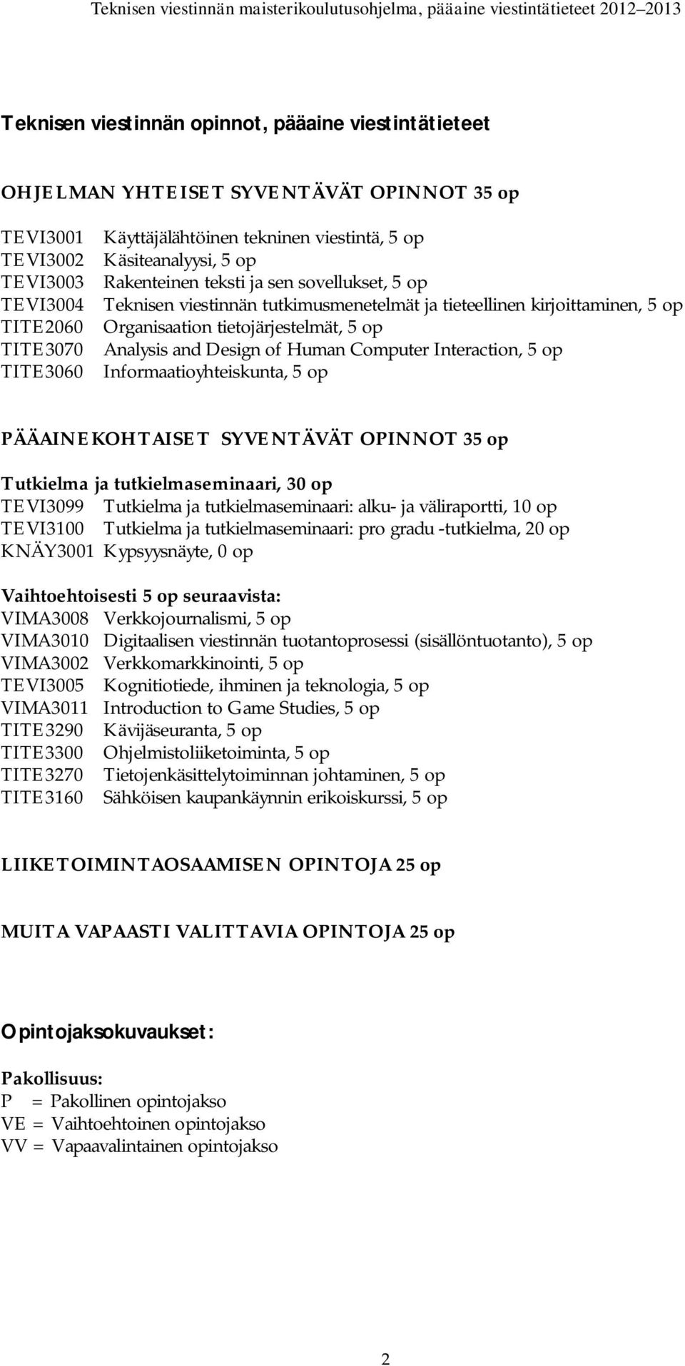 Human Computer Interaction, 5 op TITE3060 Informaatioyhteiskunta, 5 op PÄÄAINEKOHTAISET SYVENTÄVÄT OPINNOT 35 op Tutkielma ja tutkielmaseminaari, 30 op TEVI3099 Tutkielma ja tutkielmaseminaari: alku-