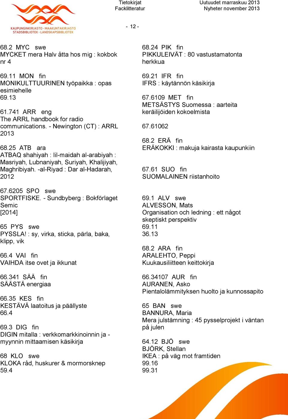 6205 SPO swe SPORTFISKE. - Sundbyberg : Bokförlaget Semic [2014] 65 PYS swe PYSSLA! : sy, virka, sticka, pärla, baka, klipp, vik 66.4 VAI fin VAIHDA itse ovet ja ikkunat 66.