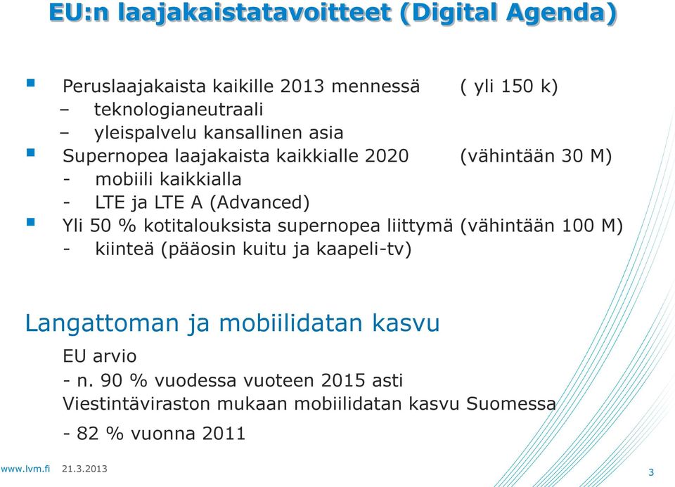 50 % kotitalouksista supernopea liittymä (vähintään 100 M) - kiinteä (pääosin kuitu ja kaapeli-tv) Langattoman ja