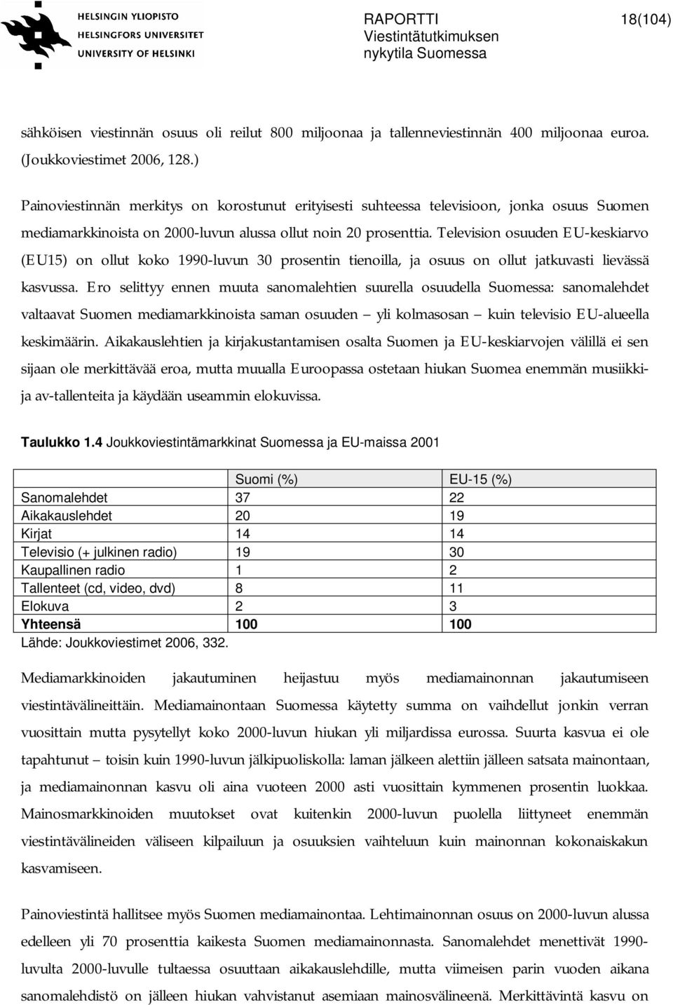 Television osuuden EU-keskiarvo (EU15) on ollut koko 1990-luvun 30 prosentin tienoilla, ja osuus on ollut jatkuvasti lievässä kasvussa.