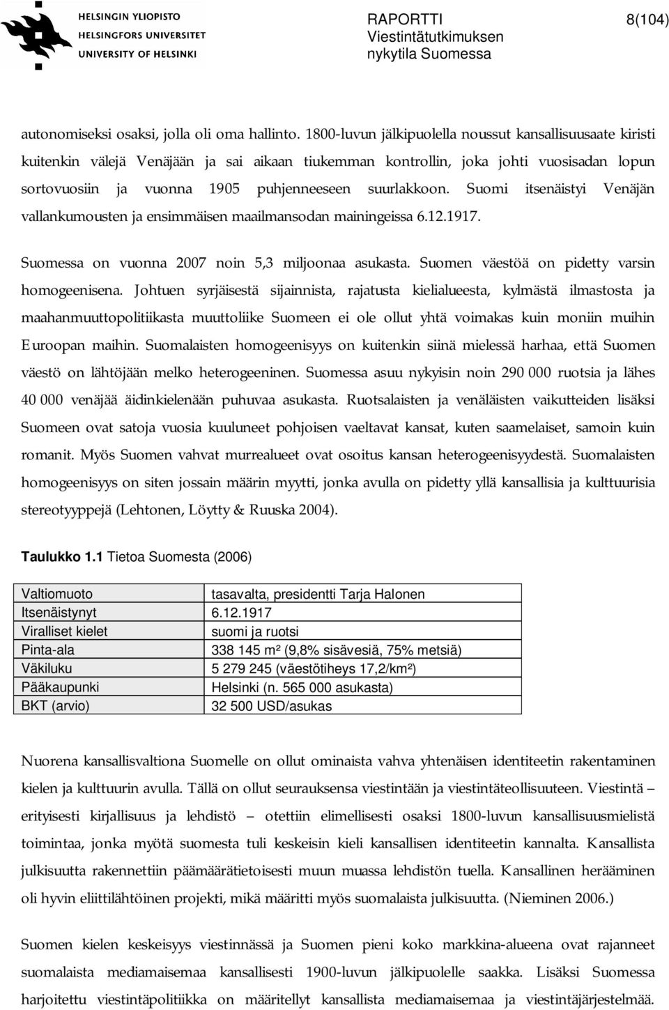 suurlakkoon. Suomi itsenäistyi Venäjän vallankumousten ja ensimmäisen maailmansodan mainingeissa 6.12.1917. Suomessa on vuonna 2007 noin 5,3 miljoonaa asukasta.