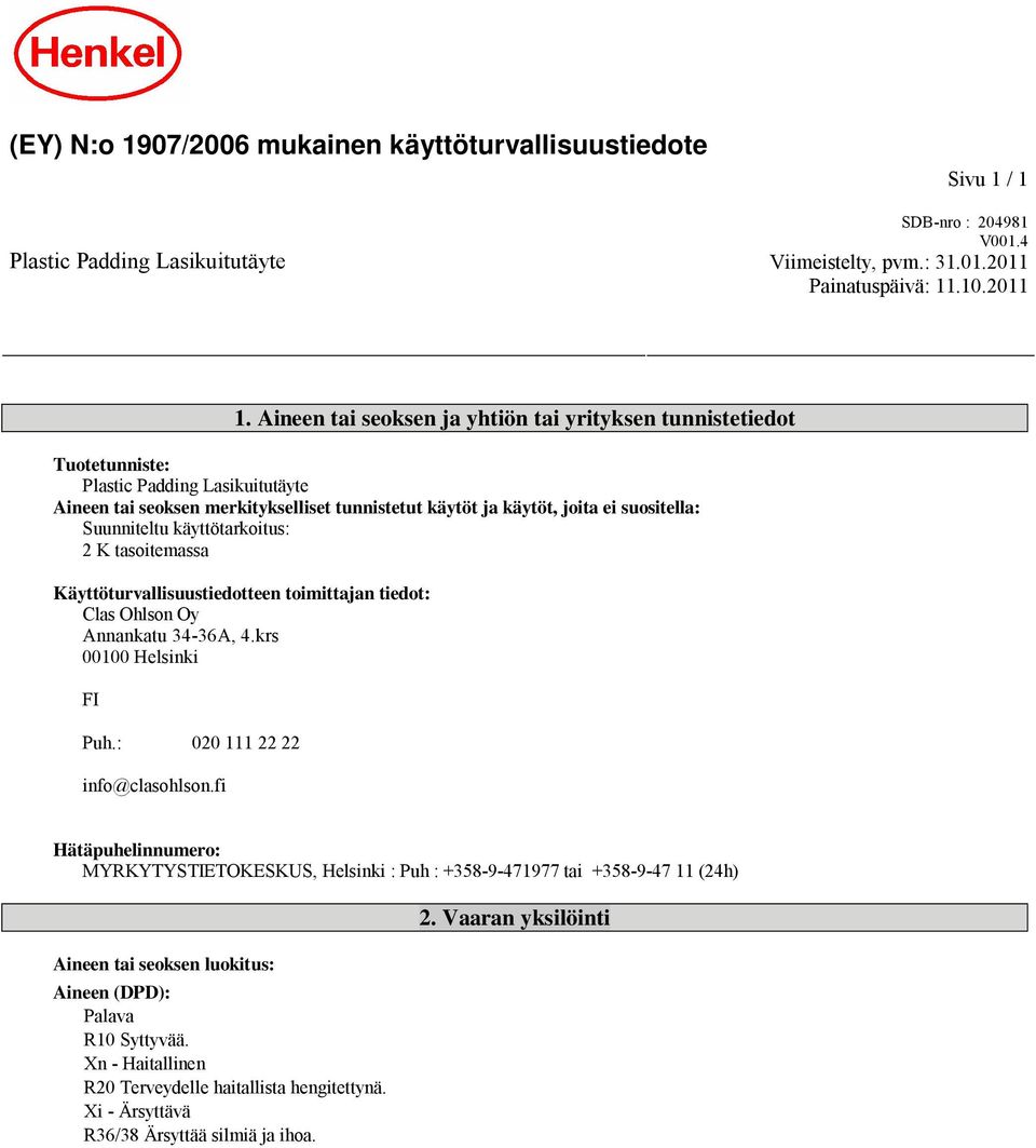 Suunniteltu käyttötarkoitus: 2 K tasoitemassa Käyttöturvallisuustiedotteen toimittajan tiedot: Clas Ohlson Oy Annankatu 34-36A, 4.krs 00100 Helsinki FI Puh.: 020 111 22 22 info@clasohlson.