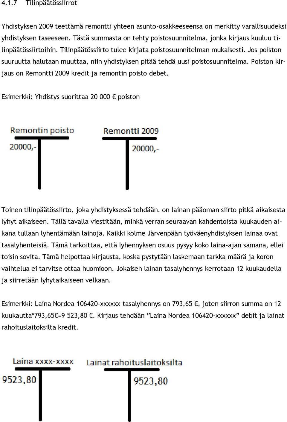 Jos poiston suuruutta halutaan muuttaa, niin yhdistyksen pitää tehdä uusi poistosuunnitelma. Poiston kirjaus on Remontti 2009 kredit ja remontin poisto debet.