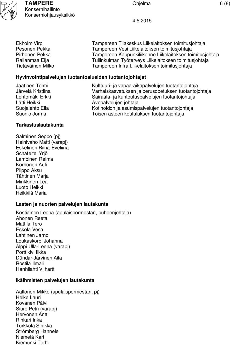 tuotantojohtajat Jaatinen Toimi Järvelä Kristiina Lehtomäki Erkki Lätti Heikki Suojalehto Ella Suonio Jorma Tarkastuslautakunta Salminen Seppo (pj) Heinivaho Matti (varapj) Eskelinen Riina-Eveliina