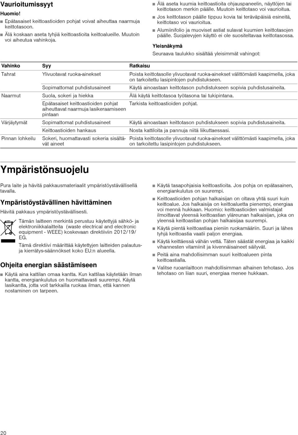 Jos keittotason päälle tippuu kovia tai teräväpäisiä esineitä, keittotaso voi vaurioitua. Alumiinifolio ja muoviset astiat sulavat kuumien keittotasojen päälle.